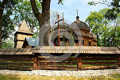 Wooden Ukrainian greek catholic church of Holy Mother of God in Chotyniec, Podkarpackie, Poland. Editorial Stock Photo