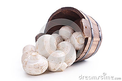 Wooden vat mushrooms Stock Photo