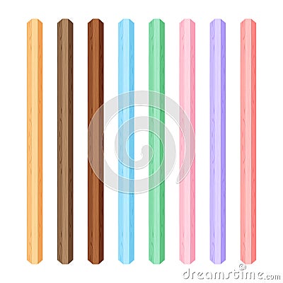 Wooden vertical hexagonal lath different pastel soft colors isolated on white background, wooden slat poles pastel color, lath Vector Illustration