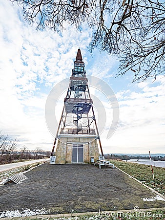 Wooden view tower with spiral staircase and wooden beams Editorial Stock Photo