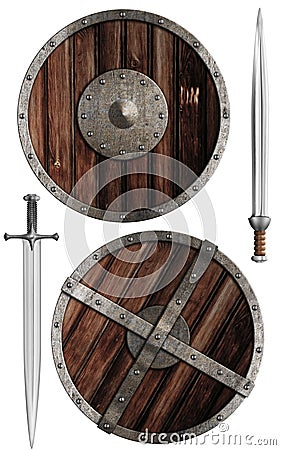 Wooden vikings' shields and swords collection Stock Photo