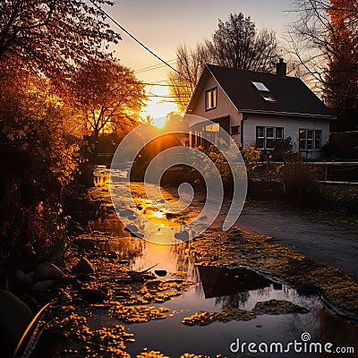 Wooden village house in forest outdoor in autumn sunlight, golden hour sunset, countryside summerhouse i pines and trees Stock Photo