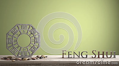 Wooden vintage table shelf with ba gua and 3d letters making the word feng shui with yellow green background with copy space, zen Stock Photo