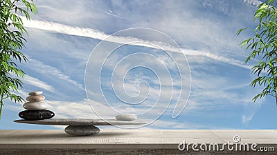 Wooden vintage table or shelf with stone balance, over blue clowdy sky, feng shui, zen concept architecture interior Stock Photo