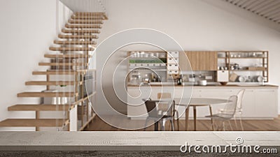 Wooden vintage table top or shelf closeup, zen mood, over blurred white wooden kitchen, loft with stairs, white architecture inter Stock Photo