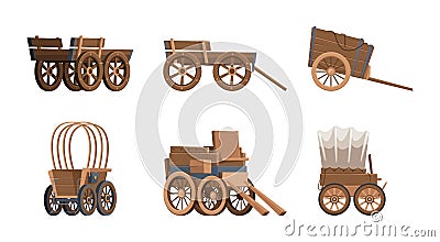 Wooden wagon. Vintage carriage western wild west vehicles old farm cart with big wheel garish vector illustrations in Vector Illustration