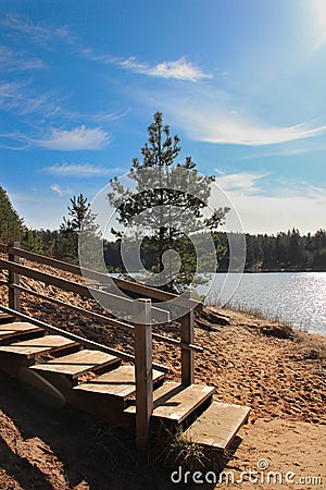Wooden walkboard that leads to the lakeside. Walk around lake in a sunny day Stock Photo