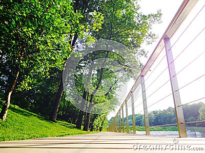 Wooden walking path in nice green city park Stock Photo