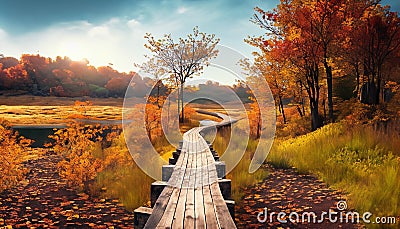 wooden walkway through the autumn forest suitable as a banner Stock Photo