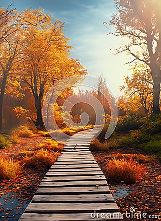 wooden walkway through the autumn forest suitable as a banner Stock Photo