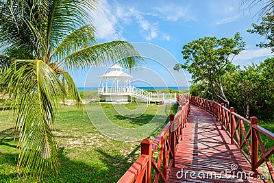 Wooden walkway leading to the shore at Varadero beach in Cuba Stock Photo