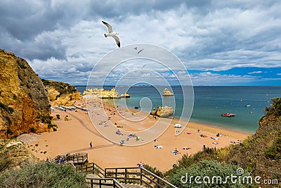 Wooden walkway to famous Praia Dona Ana beach with turquoise sea water and cliffs, flying seagulls over the beach, Portugal. Editorial Stock Photo