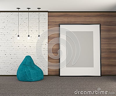 Wooden wall with part of the wall of old white brick with a large empty poster and light bulbs. 3d rendering. Stock Photo