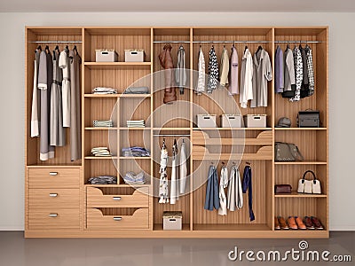 Wooden wardrobe closet full of different things. Cartoon Illustration