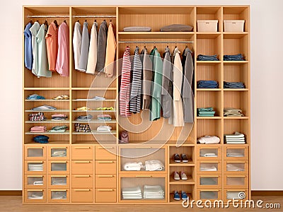 Wooden wardrobe closet full of different things. Cartoon Illustration