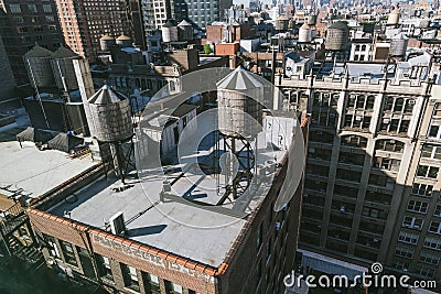 Wooden Water Towers on the Rooftops of Old Buildings of New York Editorial Stock Photo