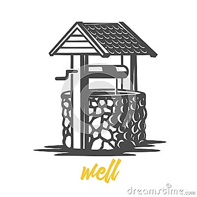 Wooden water well. Black and white illustration. Vector Illustration