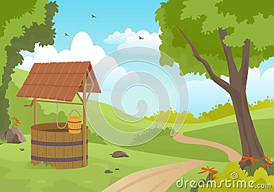 Wooden water well in forest illustration. Picturesque old spring with canopy and bucket on rope standing green meadow Vector Illustration