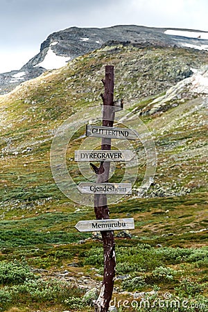 Wooden waymark in Jotunheimen National Park, Norway Stock Photo