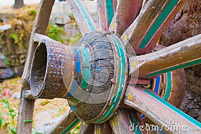 Wooden chariot wheel Stock Photo