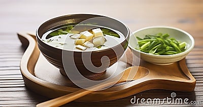 Wooden Whispers and Miso Magic. A Harmonious Blend of Traditional Soup and Rustic Table. Generative AI Stock Photo