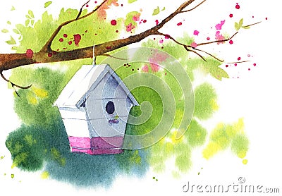 Wooden white birdhouse on a blooming tree branch, spring watercolor illustration Cartoon Illustration
