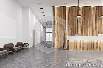 Wooden and white reception office, sofas Stock Photo