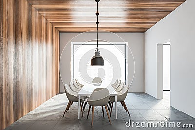 Wooden and white small meeting room with white chairs, table and big window Stock Photo