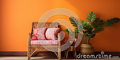 Wooden and wicker coffee table and armchair against vibrant wall. Interior design of boho living room Stock Photo