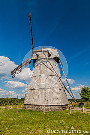 Wooden wind mill in Dudutki village, Belar Stock Photo