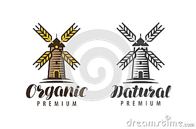 Wooden windmill logo or symbol. Organic, natural food concept Vector Illustration