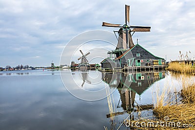 Wooden Windmills Zaanse Schans Village Holland Netherlands Stock Photo