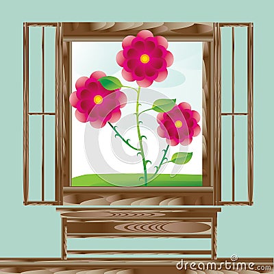 Wooden window floral landscape Vector Illustration