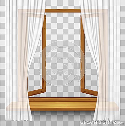 Wooden window frame with curtains on a transparent background. Vector Illustration