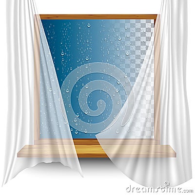 Wooden window frame with curtains and water droplets Vector Illustration