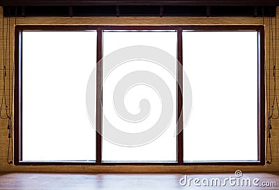 Wooden window frames with desk, on white background Stock Photo