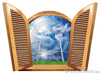 Wooden Window with Solar Panels Inside Cartoon Illustration