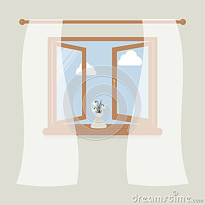 Wooden window with tulle as design element for interior of room on grey background. Outside the spring sky and white clouds. Vase Vector Illustration