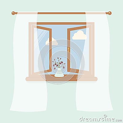 Wooden window with tulle as design element for interior of room on light background. Outside the spring sky and white clouds. Vase Vector Illustration