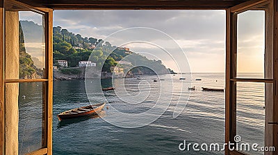 Wooden windows in an seaside Villa open to a serene view of a calm outlet of the Mediterranean and the beautiful Italian coast Stock Photo