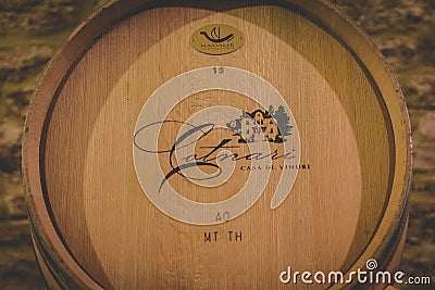 Wooden wine barrel in the Cotnari winery, Romania Editorial Stock Photo