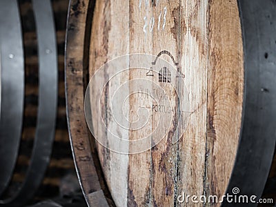 Wooden wine barrels in Quinta do Piloto, Setubal wine region, Portugal Editorial Stock Photo