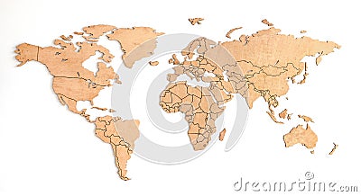 Wooden world map on a white wall Stock Photo