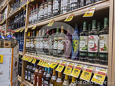 Woodinville, WA USA - circa April 2021: Close up of the vodka section in the liquor aisle at Haggen grocery store Editorial Stock Photo