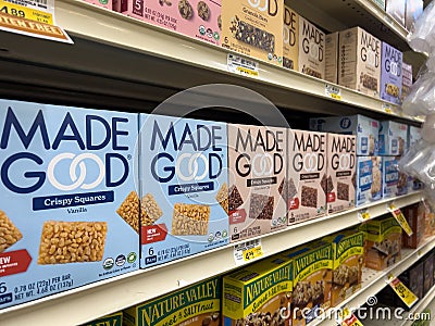 Woodinville, WA USA - circa December 2022: Close up, selective focus on Made Good brand snack bars for sale inside a Haggen Editorial Stock Photo