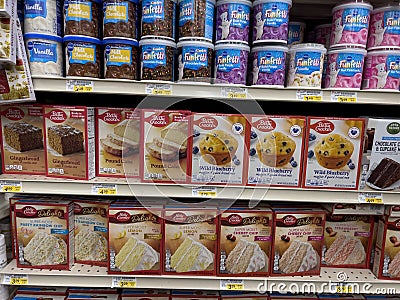 Woodinville, WA USA - circa December 2022: Close up view of baking mixes for sale inside a Haggen grocery store Editorial Stock Photo