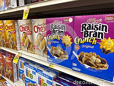 Woodinville, WA USA - circa November 2022: Close up view of a variety of breakfast cereals for sale inside a Haggen grocery store Editorial Stock Photo