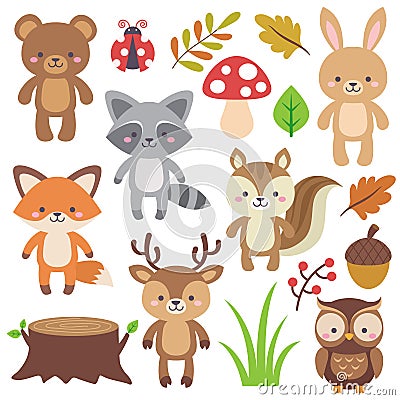 Cute woodland animals clip art elements vector set. Illustration of forest animals in cartoon flat style. Wild animals graphics. Stock Photo