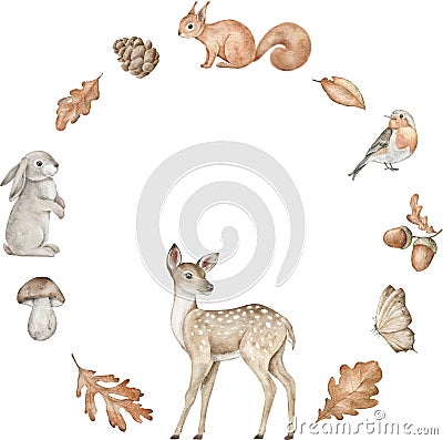 Woodland animals frame. Deer, bunny, Squirrel, pine cone, leaves, boletus and acorn for baby shower, newborns Stock Photo