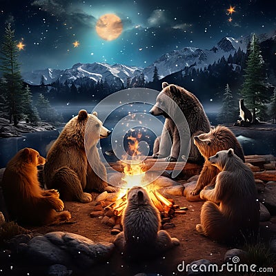 Woodland Companions: Illustration of Friends Embracing Warmth by Campfire Cartoon Illustration